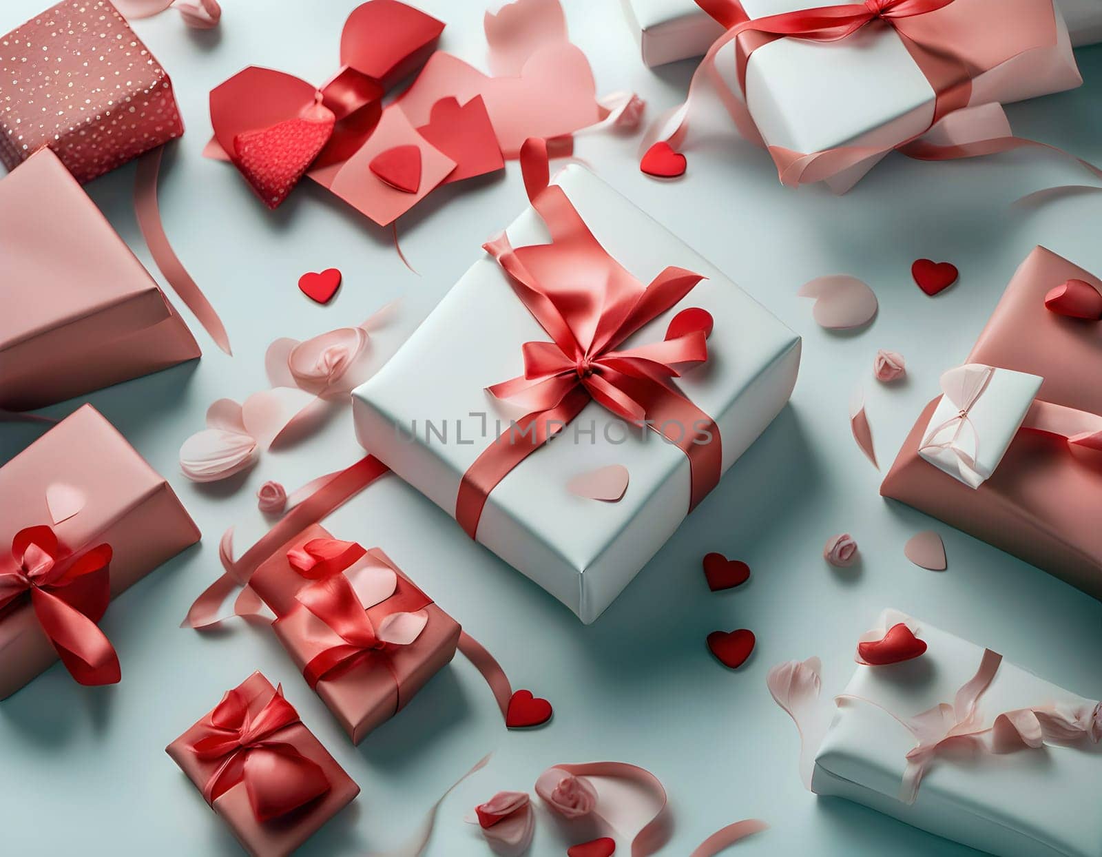 Assortment of Elegant Gift Boxes with Heart Decorations Created by artificial intelligence