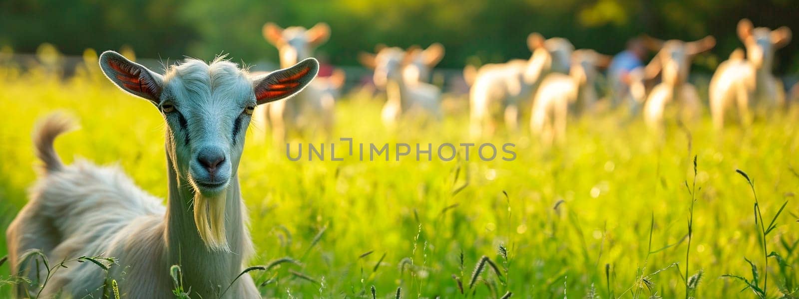 Goats graze on a farm meadow. Selective focus. Nature.