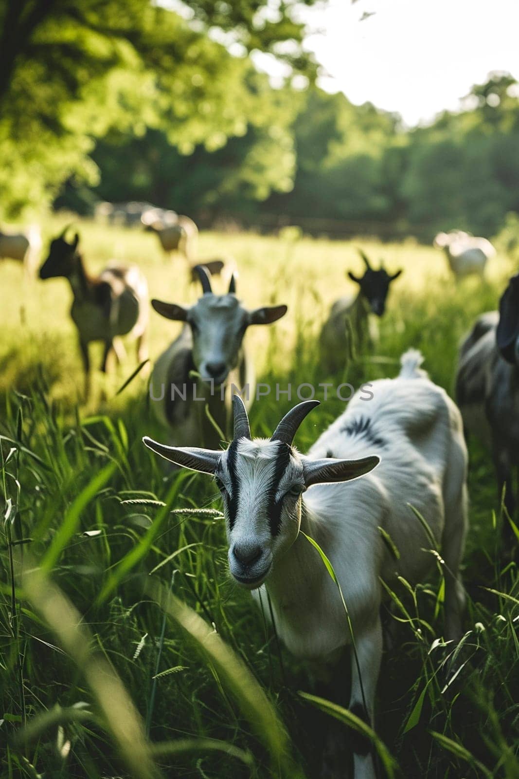 Goats graze on a farm meadow. Selective focus. by yanadjana