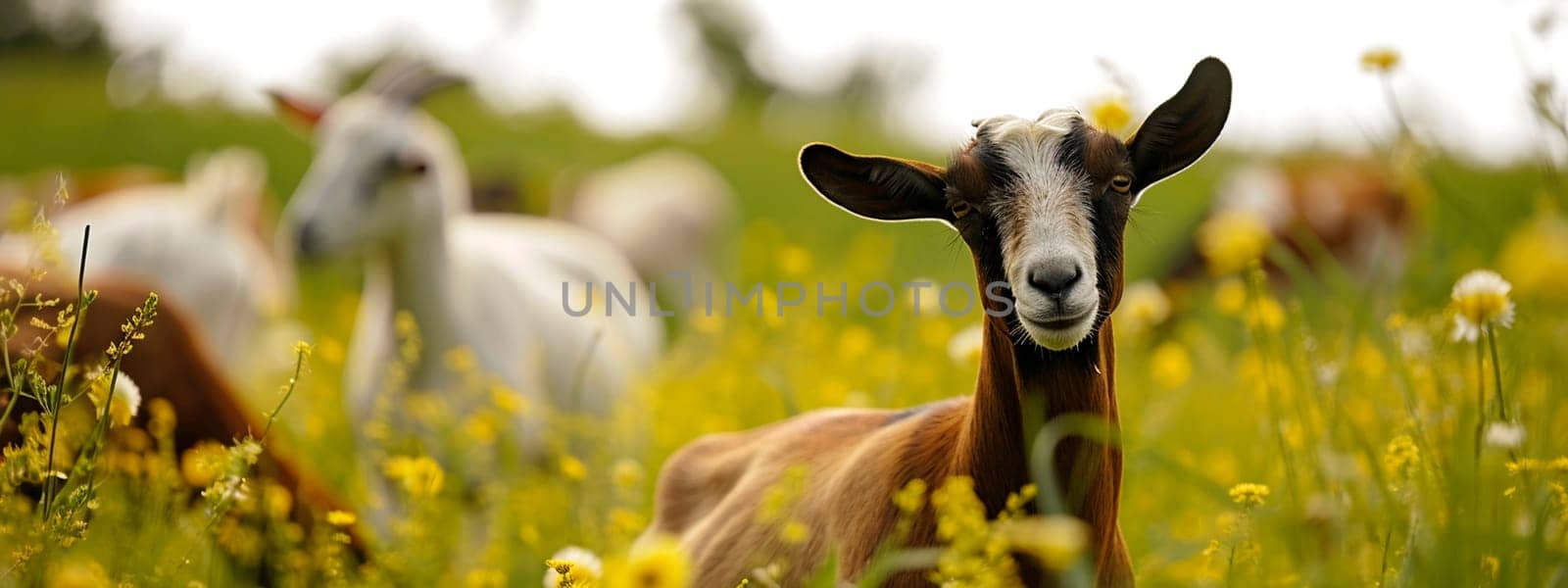 Goats graze on a farm meadow. Selective focus. by yanadjana