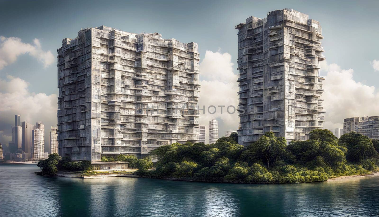 Futuristic Apartment Towers on a Lush Island Created by artificial intelligence