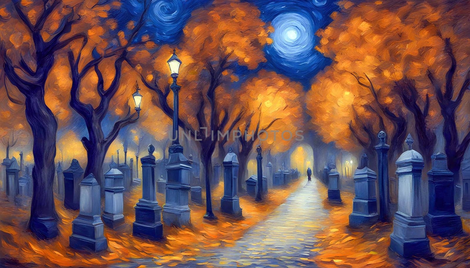 Starry Night Over the Autumn Cemetery Path Created by artificial intelligence