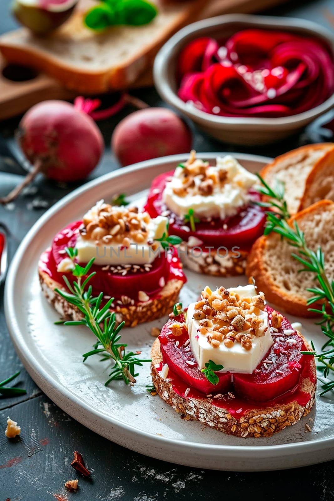 Bruschetta with beets and cheese. Selective focus. by yanadjana