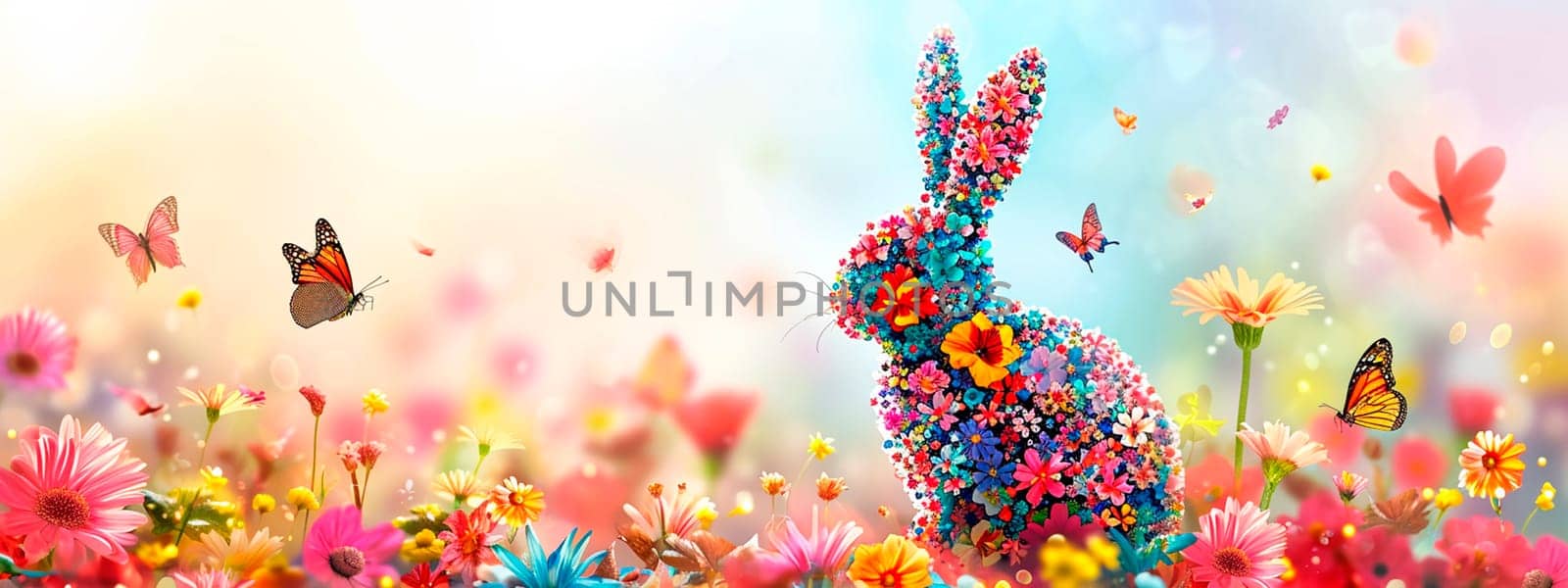bunny with flowers postcard for Easter. Selective focus. by yanadjana