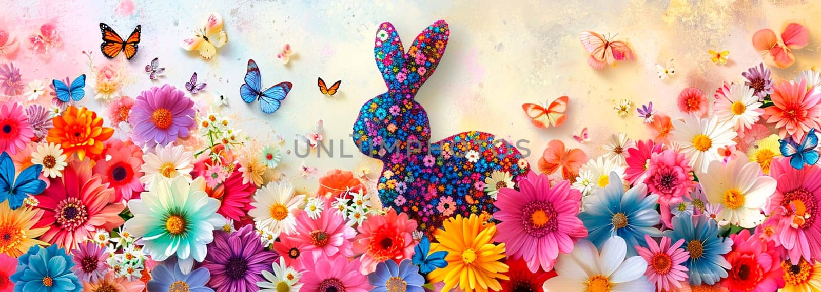 bunny with flowers postcard for Easter. Selective focus. by yanadjana