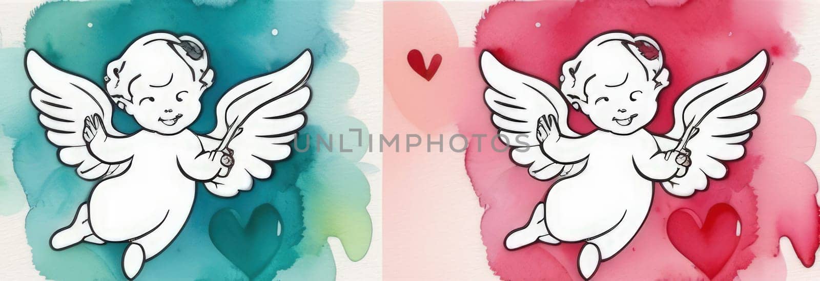 Illustration watercolour of greeting card white, cute, funny baby cupid angel with gold curly hair on pastels background. Promotion, shopping template for love and valentines, mothers day concept. by Angelsmoon