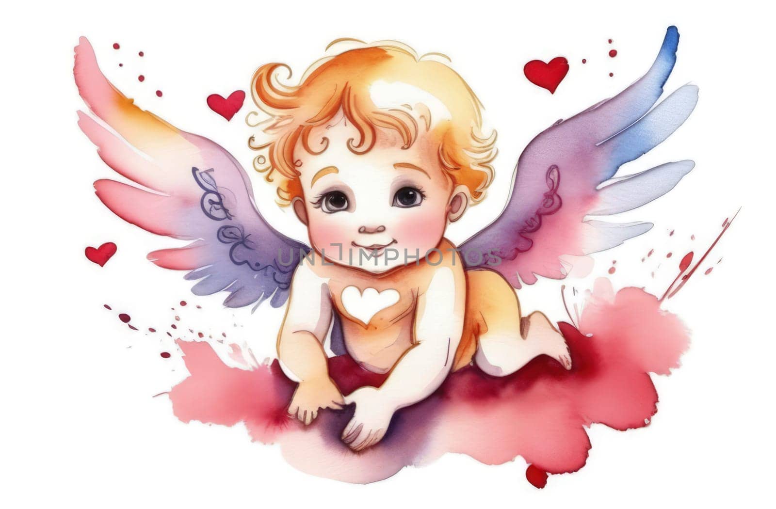 Illustration watercolour of greeting card white, cute, funny baby cupid angel with gold curly hair on pastels background. Promotion, shopping template for love and valentines, mothers day concept