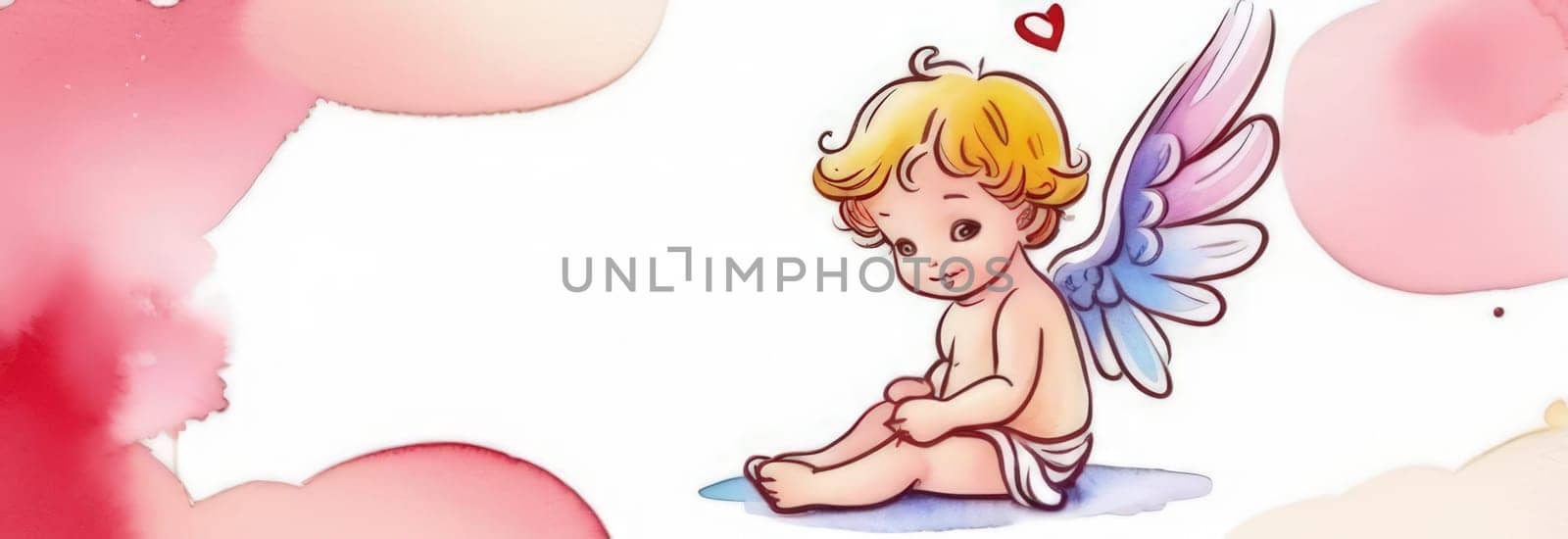 Illustration watercolour of greeting card white, cute, funny baby cupid angel with gold curly hair on pastels background. Promotion, shopping template for love and valentines, mothers day concept