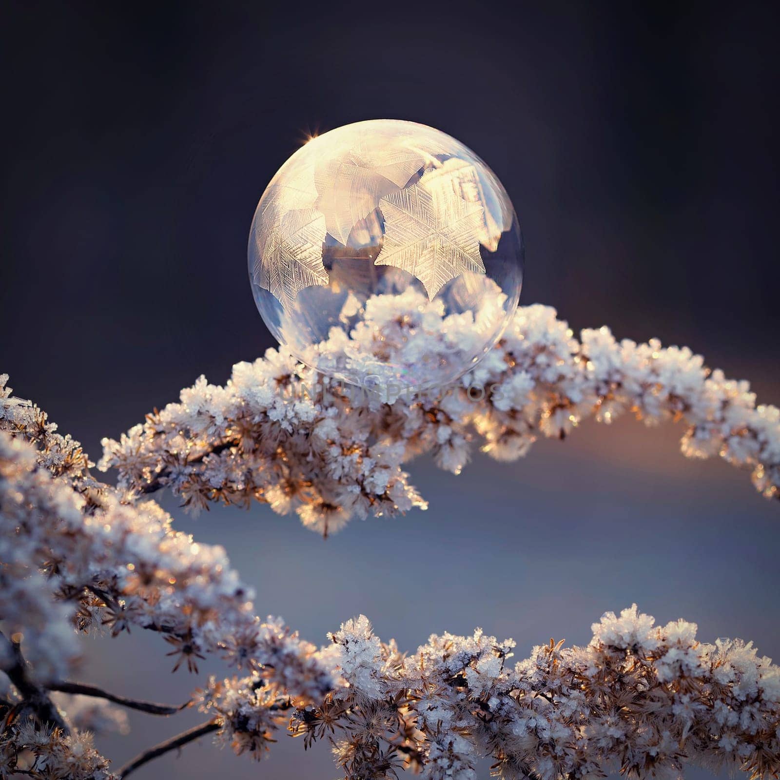 Beautiful ice bubble. Macro shot of winter nature. Frost - ice and frozen water at a low temperature.