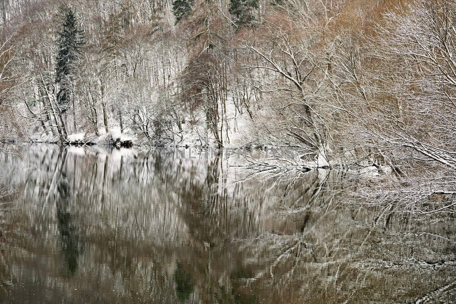 Beautiful winter landscape. Nature with trees, snow and river in winter time.