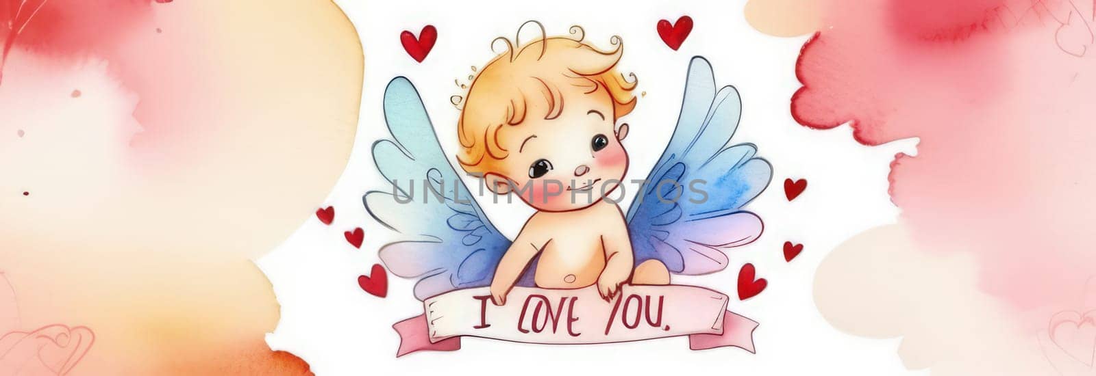 Illustration watercolour of greeting card white, cute, funny baby cupid angel with gold curly hair on pastels background. Promotion, shopping template for love and valentines, mothers day concept