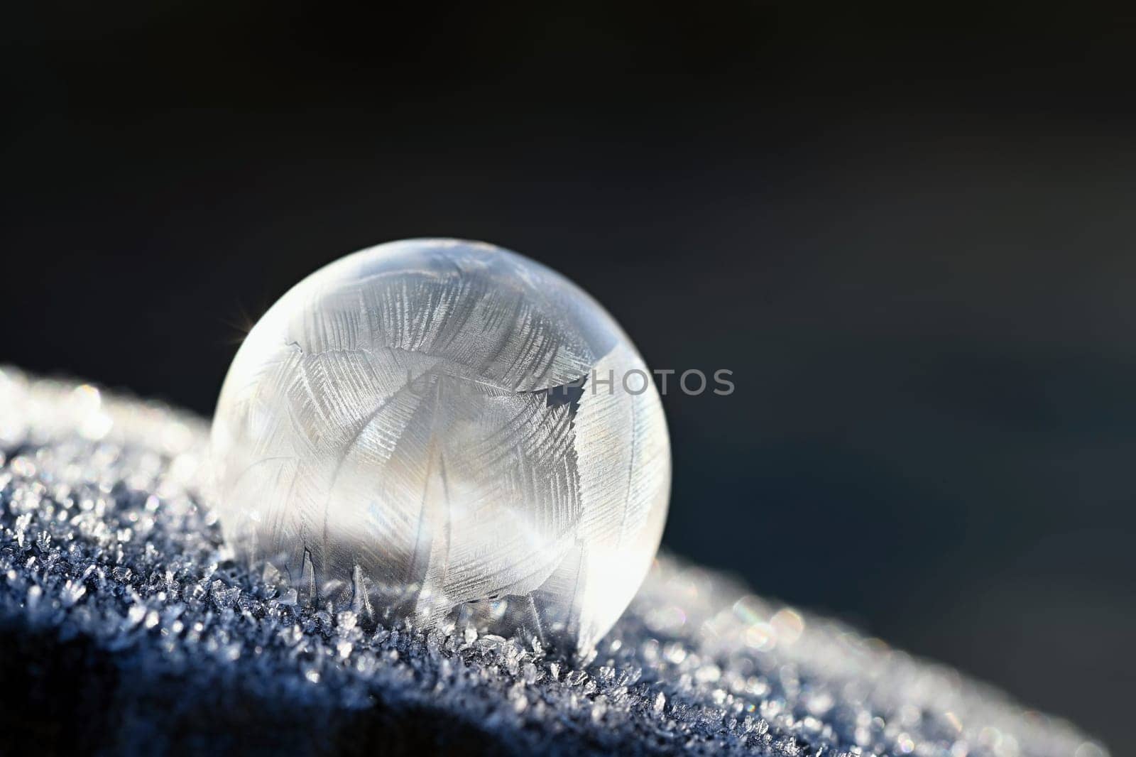 Beautiful ice bubble. Macro shot of winter nature. Frost - ice and frozen water at a low temperature.