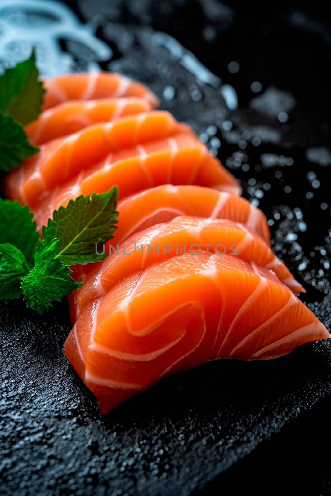 Red fish slices on a plate. Selective focus. by yanadjana