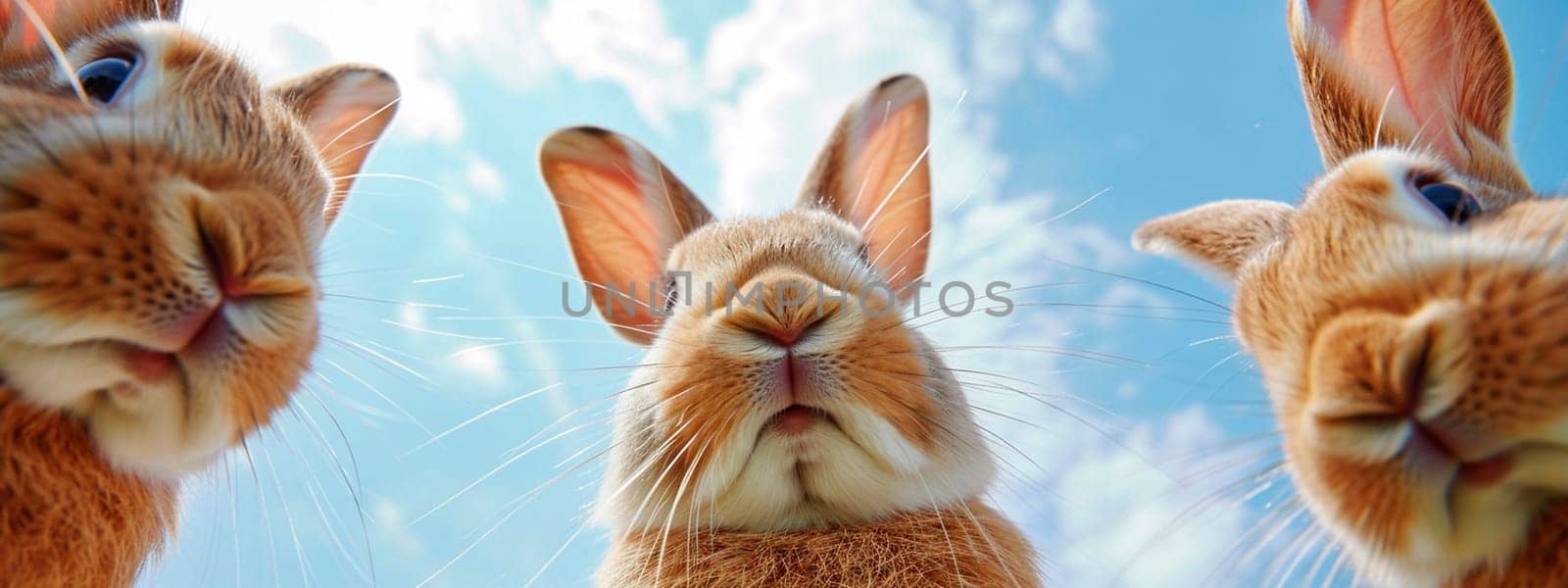 Rabbits look at the camera against the sky. Selective focus. by yanadjana