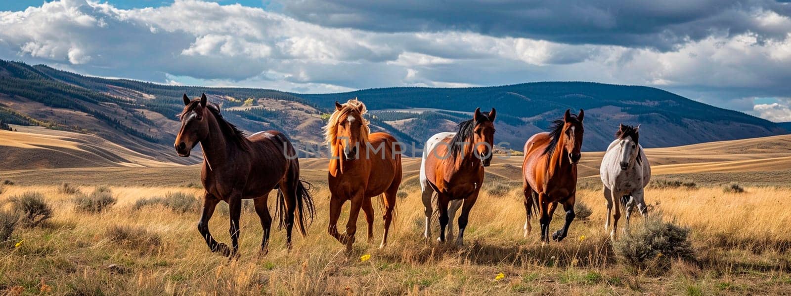 portrait of a herd of wild horses in nature. Selective focus. by yanadjana