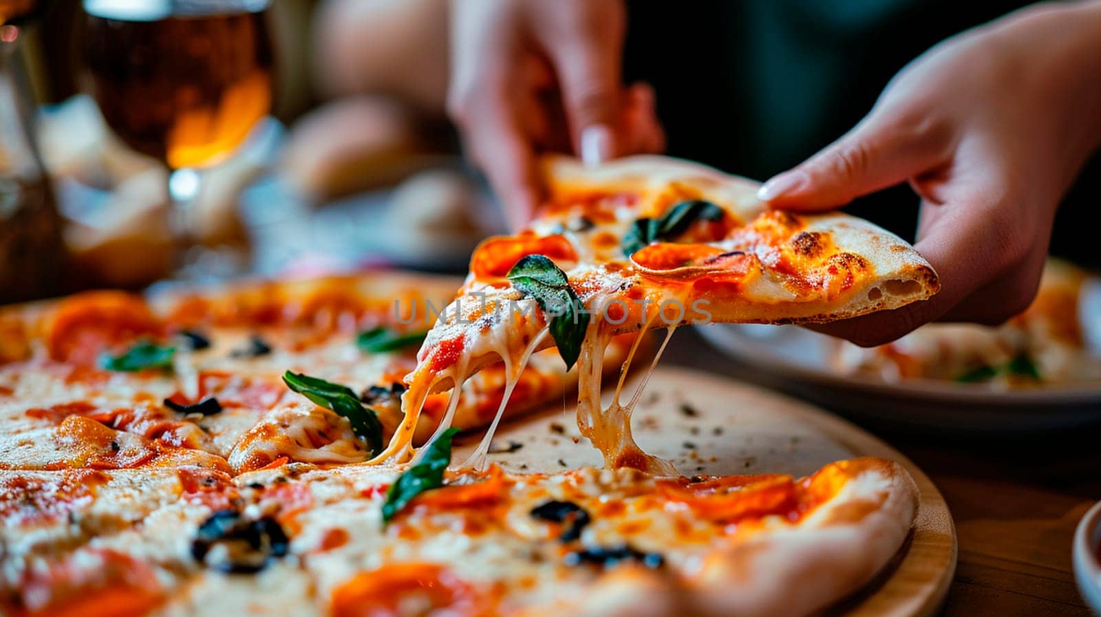 hands take pizza on the table. Selective focus. food.