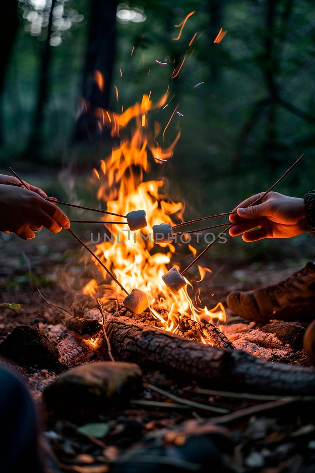 People roast marshmallows on a fire. Selective focus. Nature.