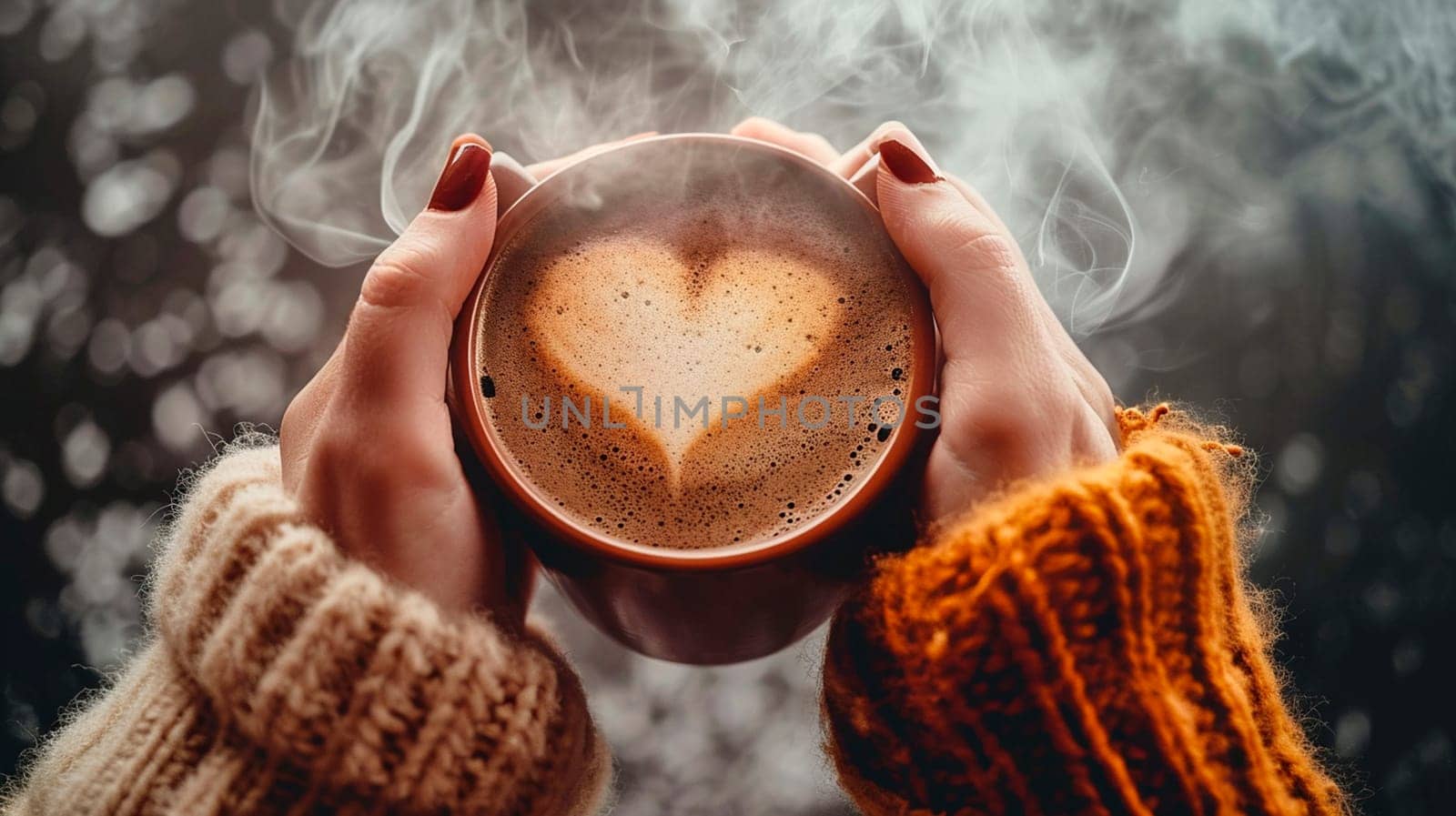Coffee in a cup of smoke in the shape of a heart. Selective focus. Drink.