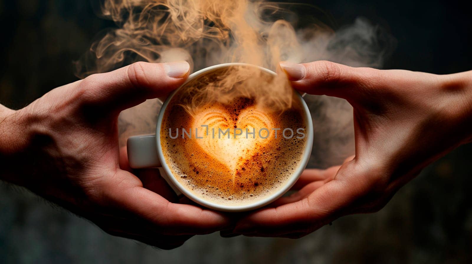Coffee in a cup of smoke in the shape of a heart. Selective focus. Drink.