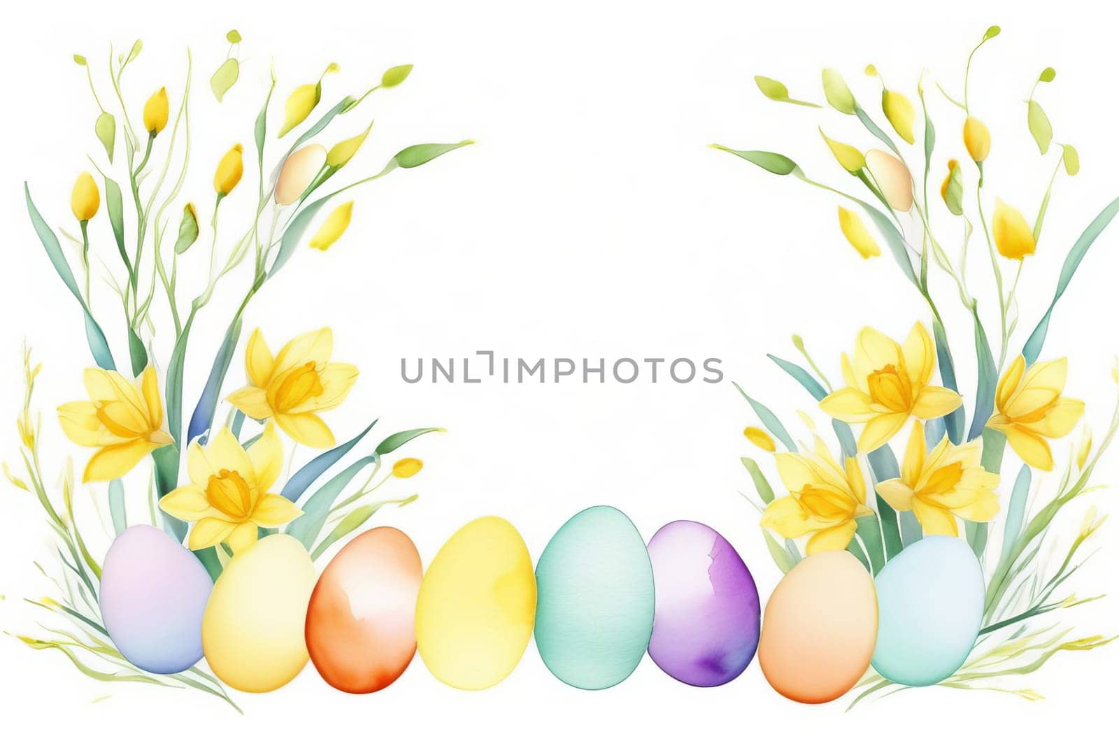 Watercolor drawing of a frame made of Easter eggs and flowers. by OlgaGubskaya