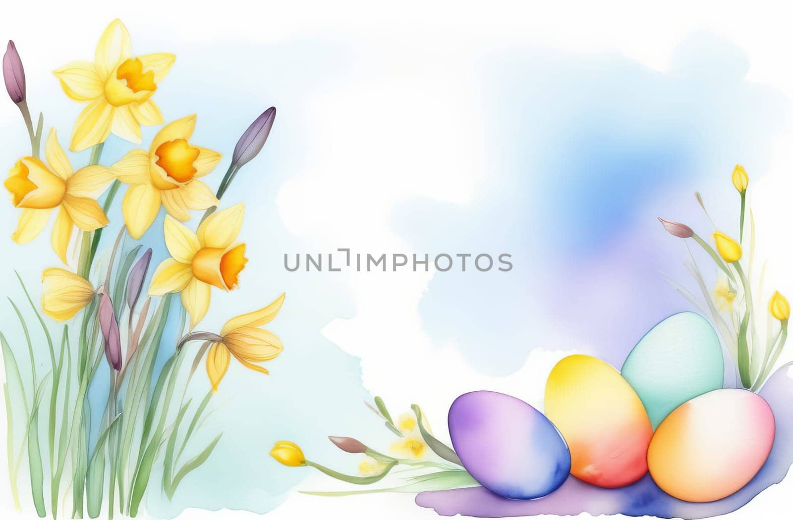 Watercolor drawing in pastel colors of a frame with space for text made of Easter eggs, willow branches and daffodil flowers.