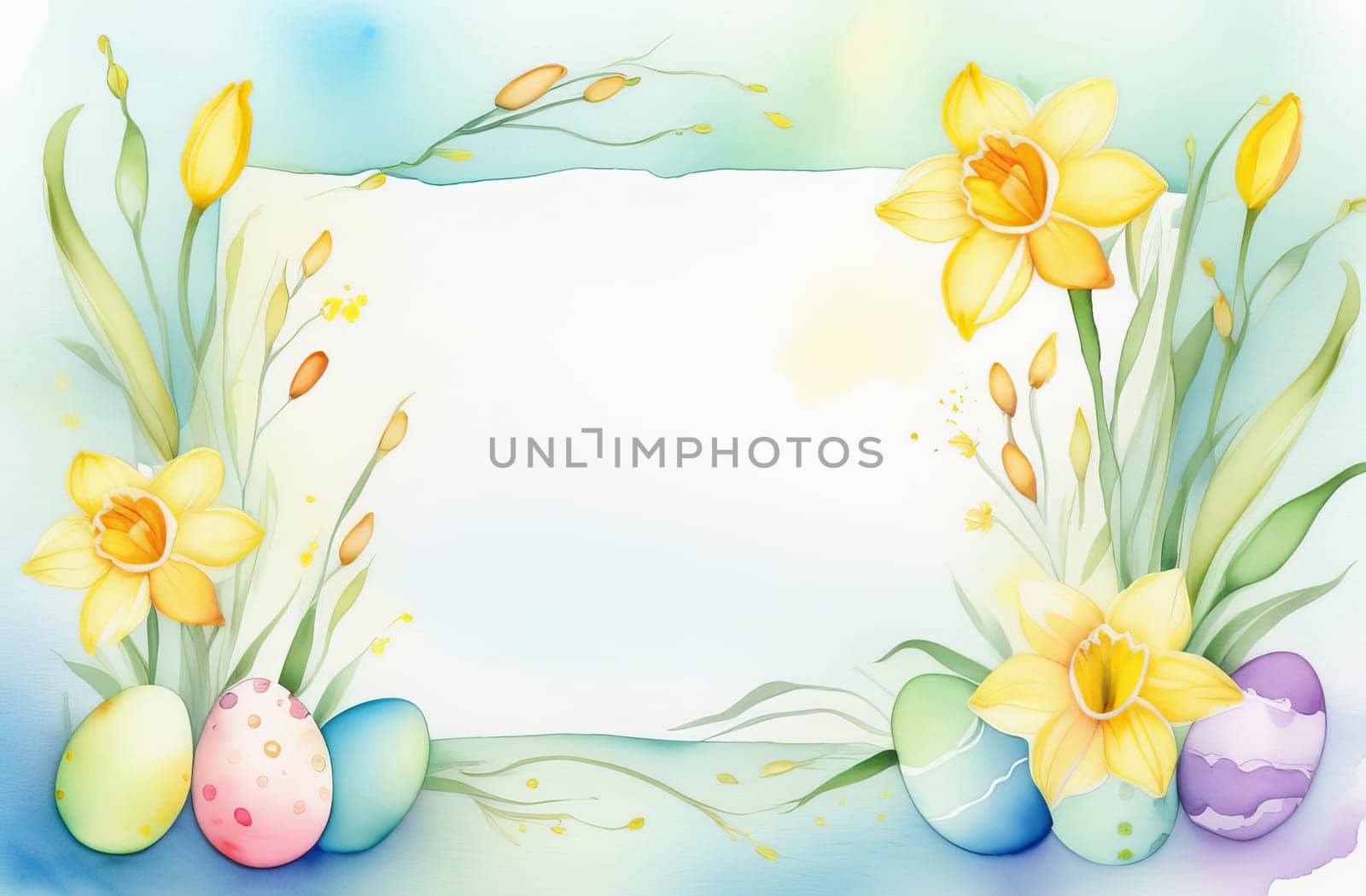 Watercolor drawing of a frame made of Easter eggs and flowers. by OlgaGubskaya