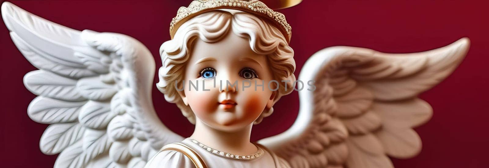 Illustration of greeting card of figurine of cute, funny baby cupid angel with gold curly hair on pastel colors background. Promotion, shopping template for love and valentines, mothers day concept