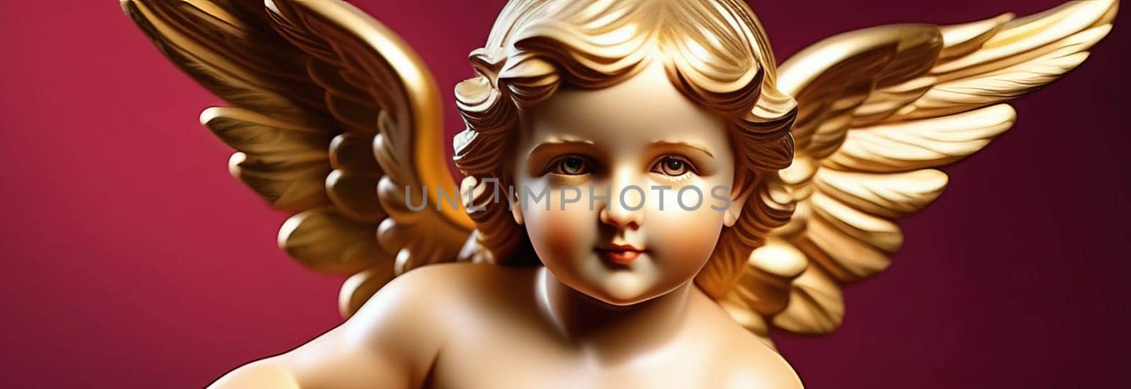 Illustration of greeting card of figurine of cute, funny baby cupid angel with gold curly hair on pastel colors background. Promotion, shopping template for love and valentines, mothers day concept