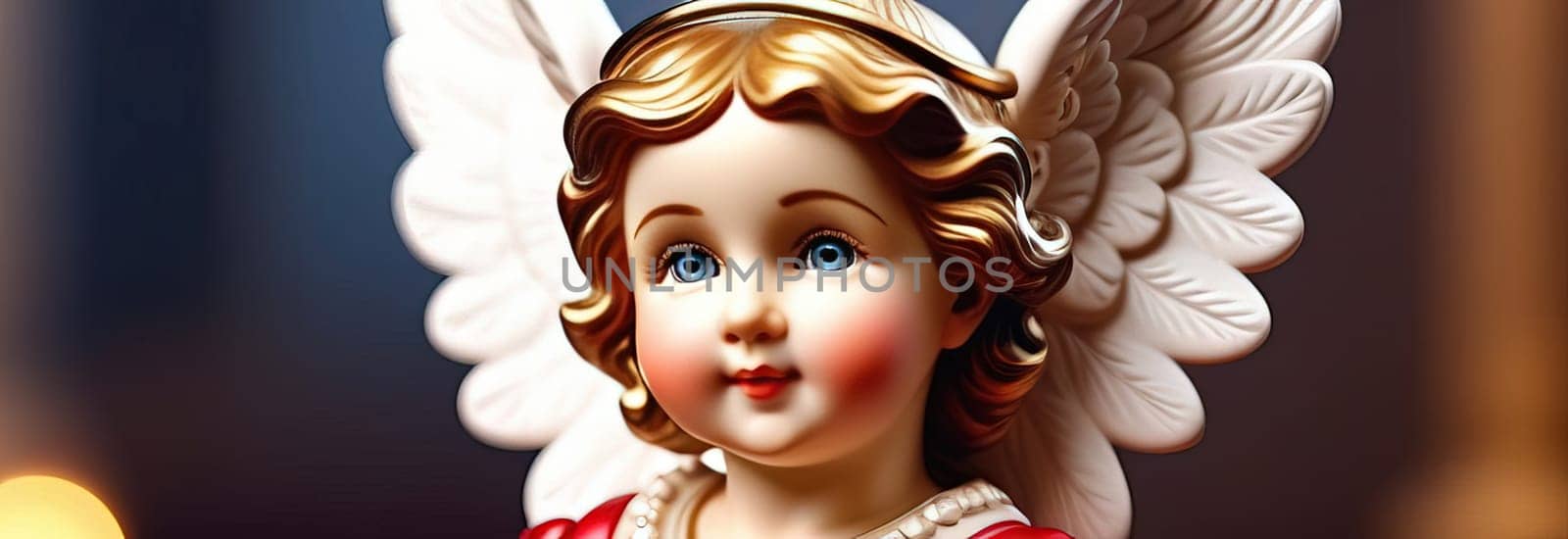 Illustration of greeting card of figurine of cute, funny baby cupid angel with gold curly hair on pastel colors background. Promotion, shopping template for love and valentines, mothers day concept