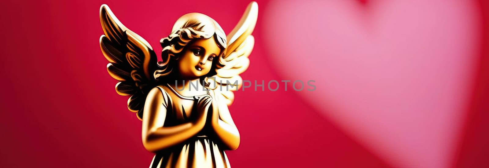 Illustration of greeting card of figurine of cute, funny baby cupid angel with gold curly hair on pastel colors background. Promotion, shopping template for love and valentines, mothers day concept