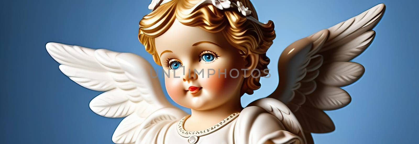 Illustration of greeting card of figurine of cute, funny baby cupid angel with gold curly hair on pastel colors background. Promotion, shopping template for love and valentines, mothers day concept