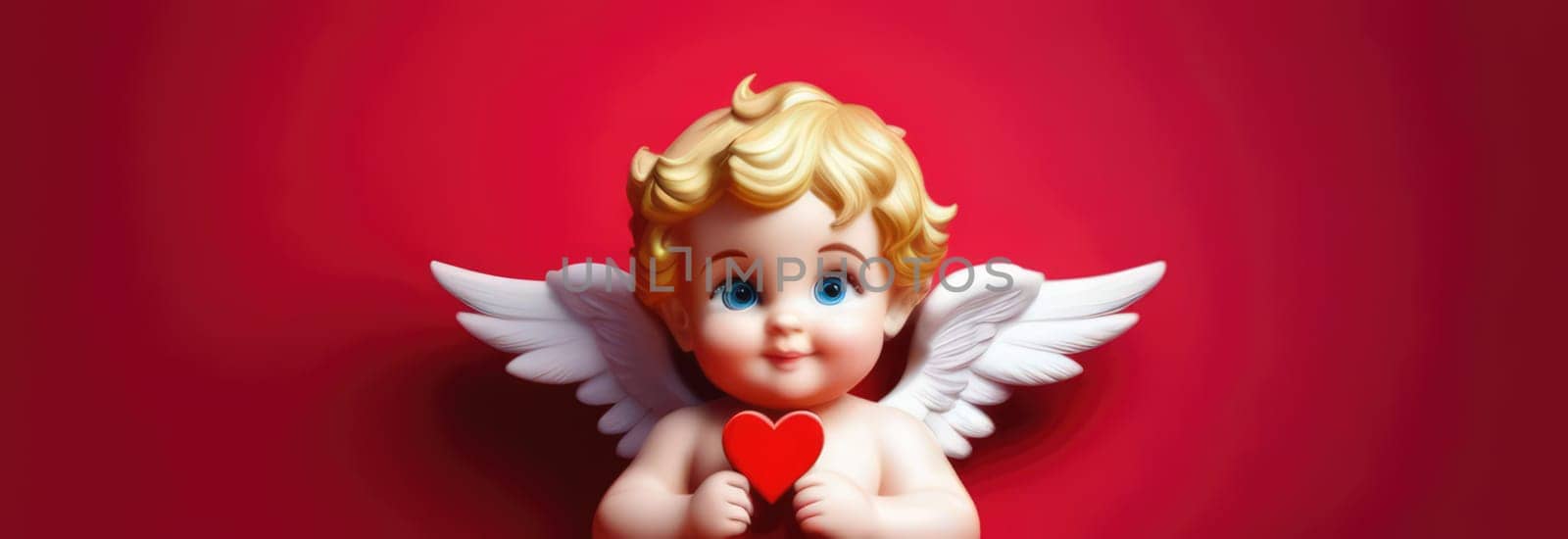 Illustration of greeting card of figurine of cute, funny baby cupid angel with gold curly hair on pastel colors background. Promotion, shopping template for love and valentines, mothers day concept