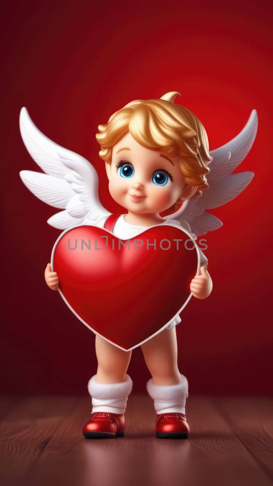 Illustration of greeting card of figurine of cute, funny baby cupid angel with gold curly hair on pastel colors background. Promotion, shopping template for love and valentines, mothers day concept