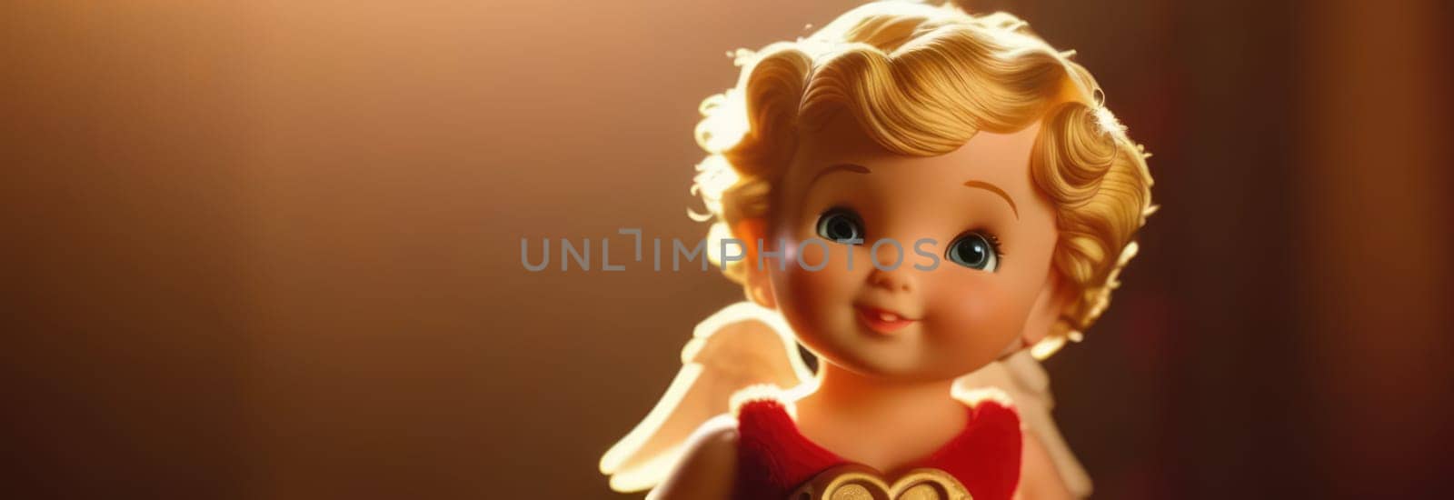 Illustration of greeting card of figurine of cute, funny baby cupid angel with gold curly hair on pastel colors background. Promotion, shopping template for love and valentines, mothers day concept