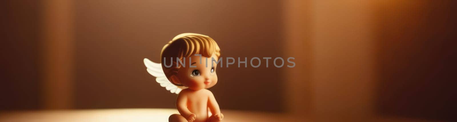 Illustration of greeting card of figurine of cute, funny baby cupid angel with gold curly hair on pastel colors background. Promotion, shopping template for love and valentines, mothers day concept