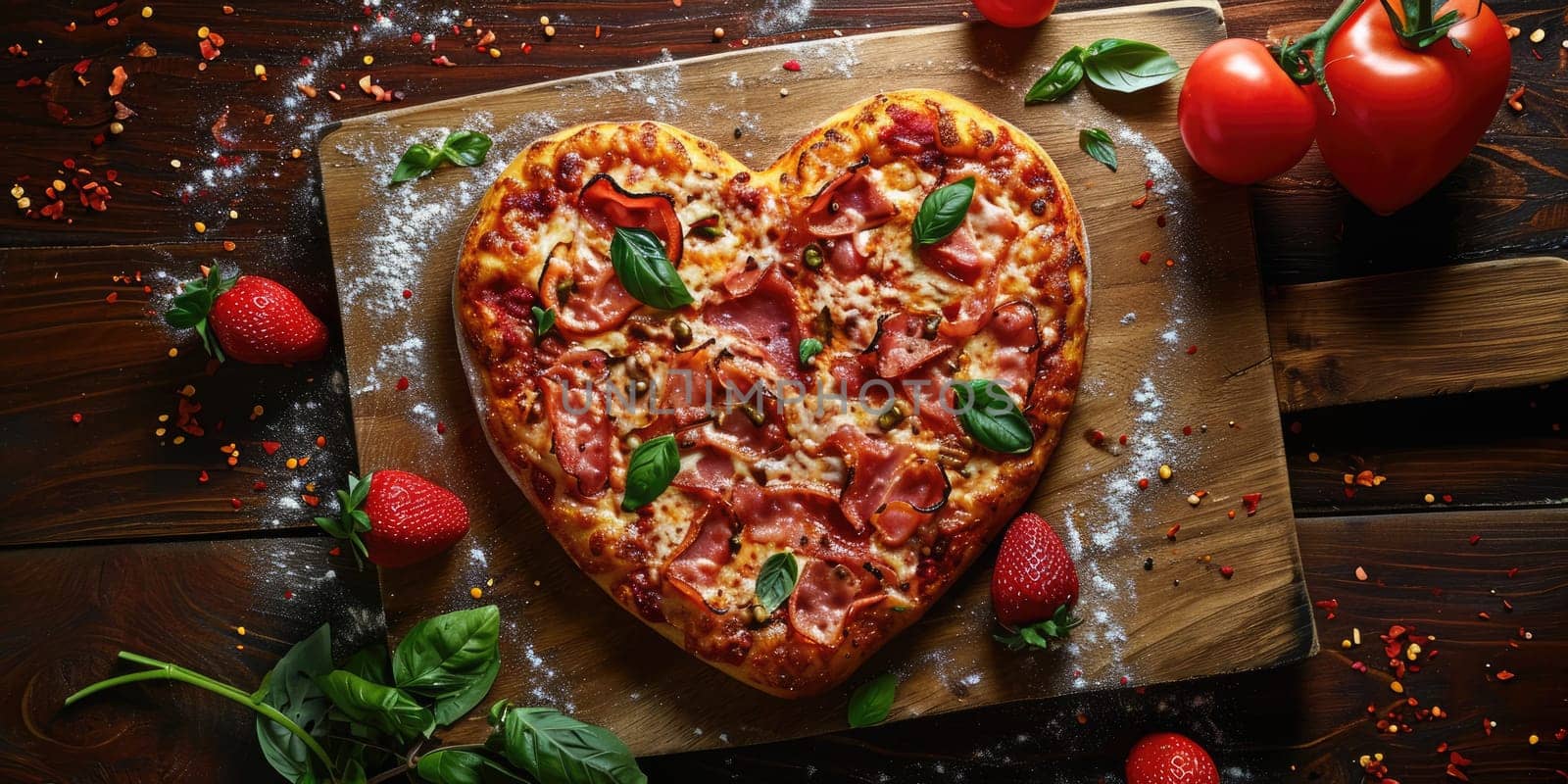 Heart shaped pizza for Valentines day on wooden background pragma by biancoblue