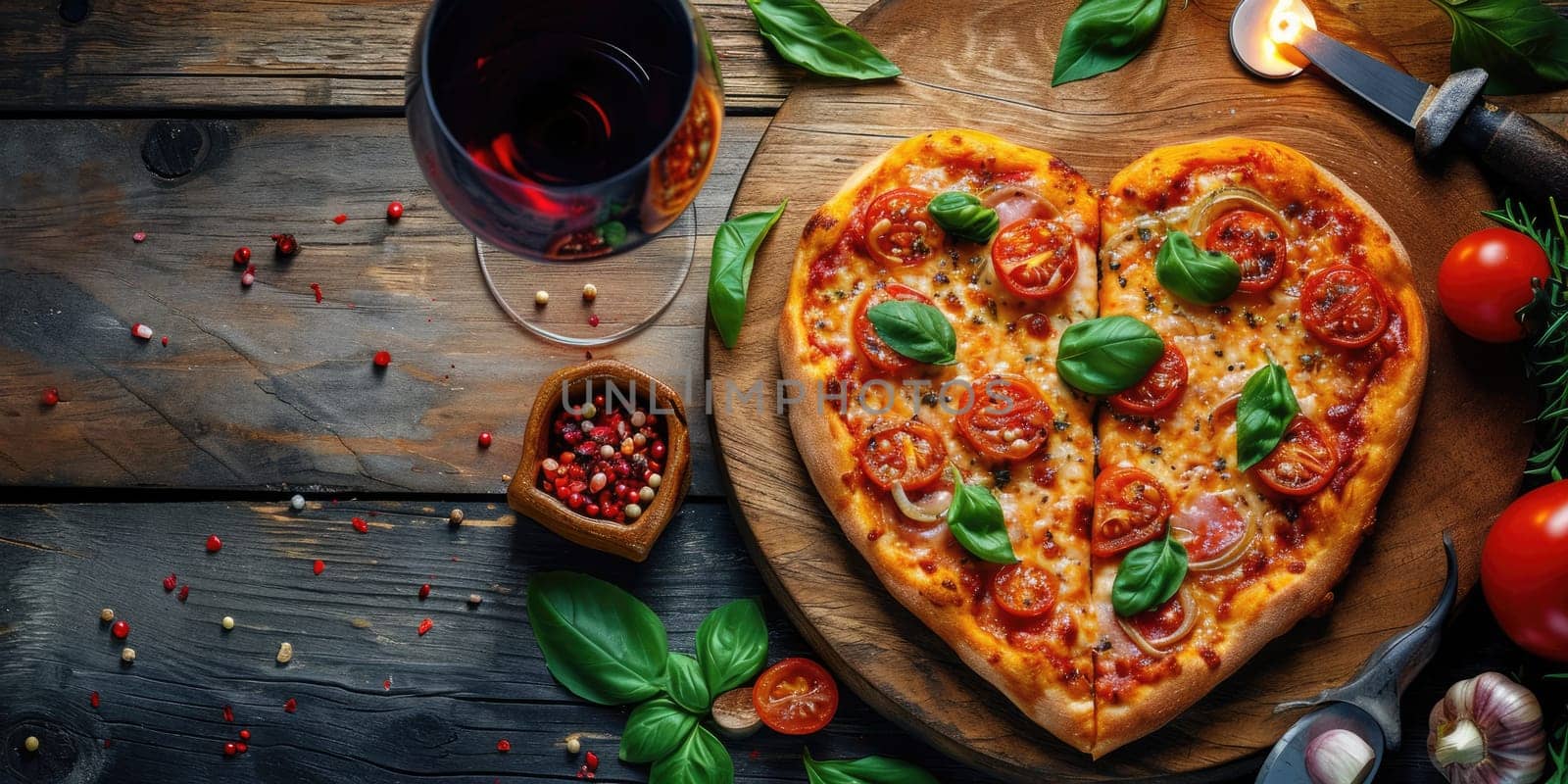 Heart shaped pizza for Valentines day on dark rustic wooden background pragma