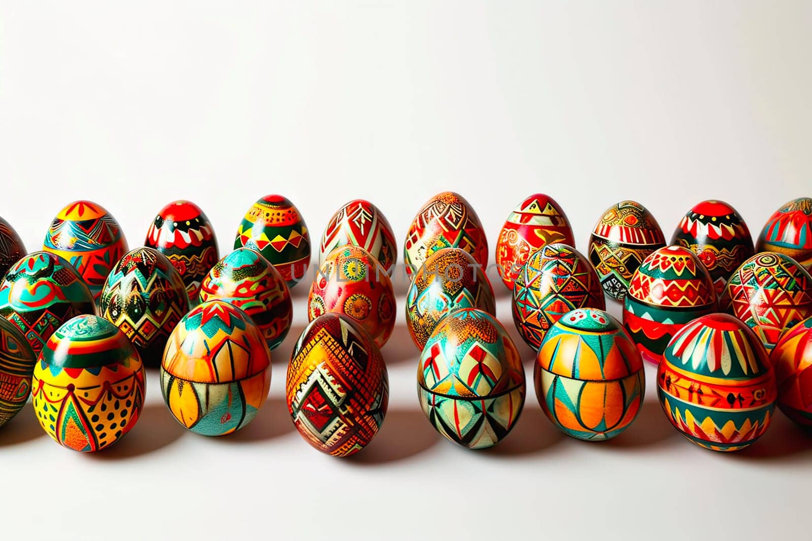 The eggs stand side by side at equal intervals. A set of stylish hand-painted Easter eggs. They are visible on a white background. Easter egg print.