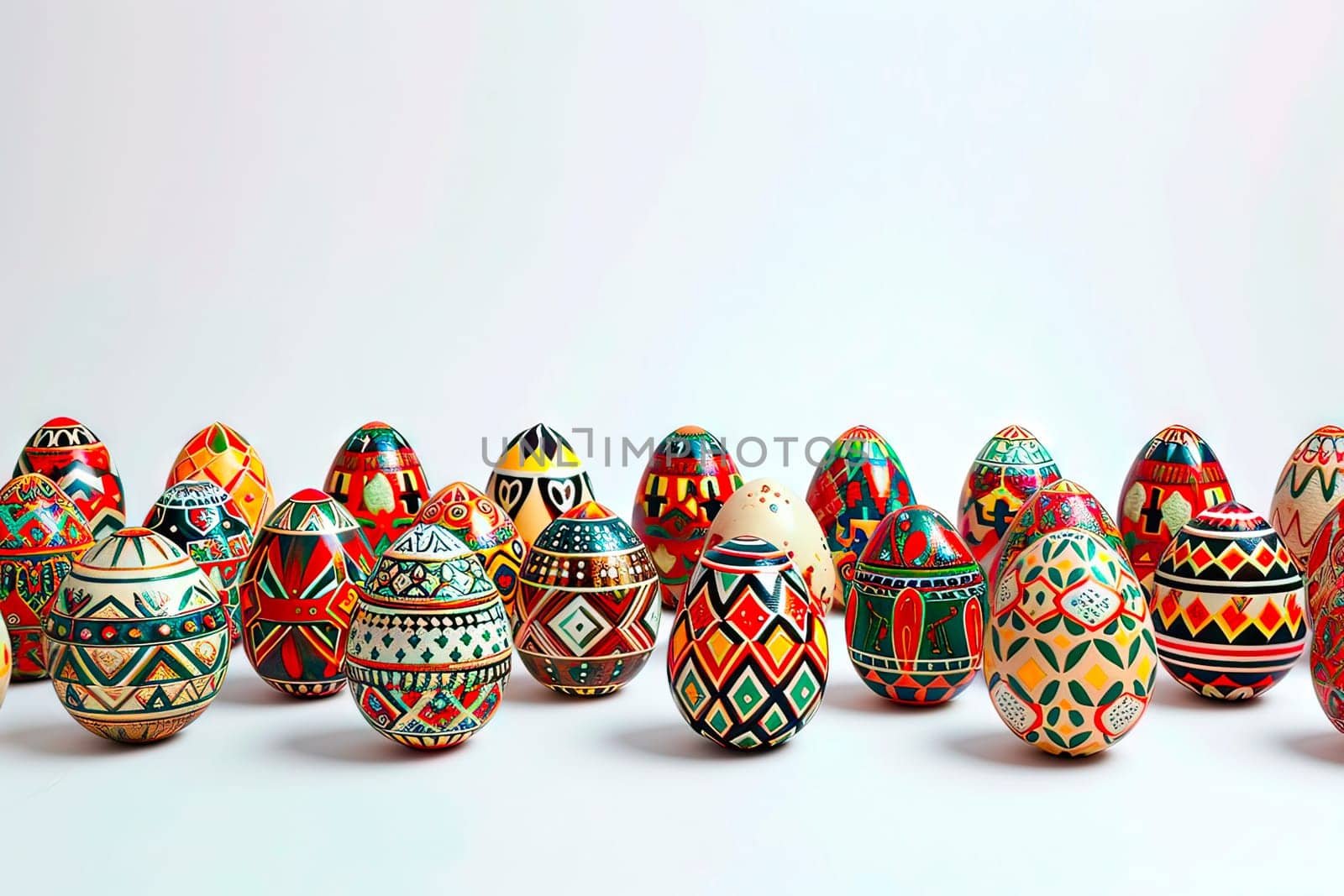 Precision painting on eggshells. A set of Easter eggs on a white background. Eggs painted with paints. Detailed and careful designs painted on the Easter eggs.