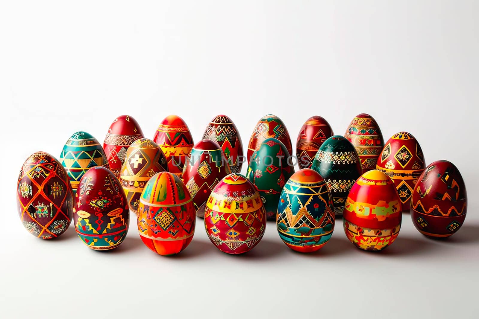 A set of stylish hand-painted Easter eggs. The eggs stand side by side at equal intervals. They are visible on a white background. Easter egg print.