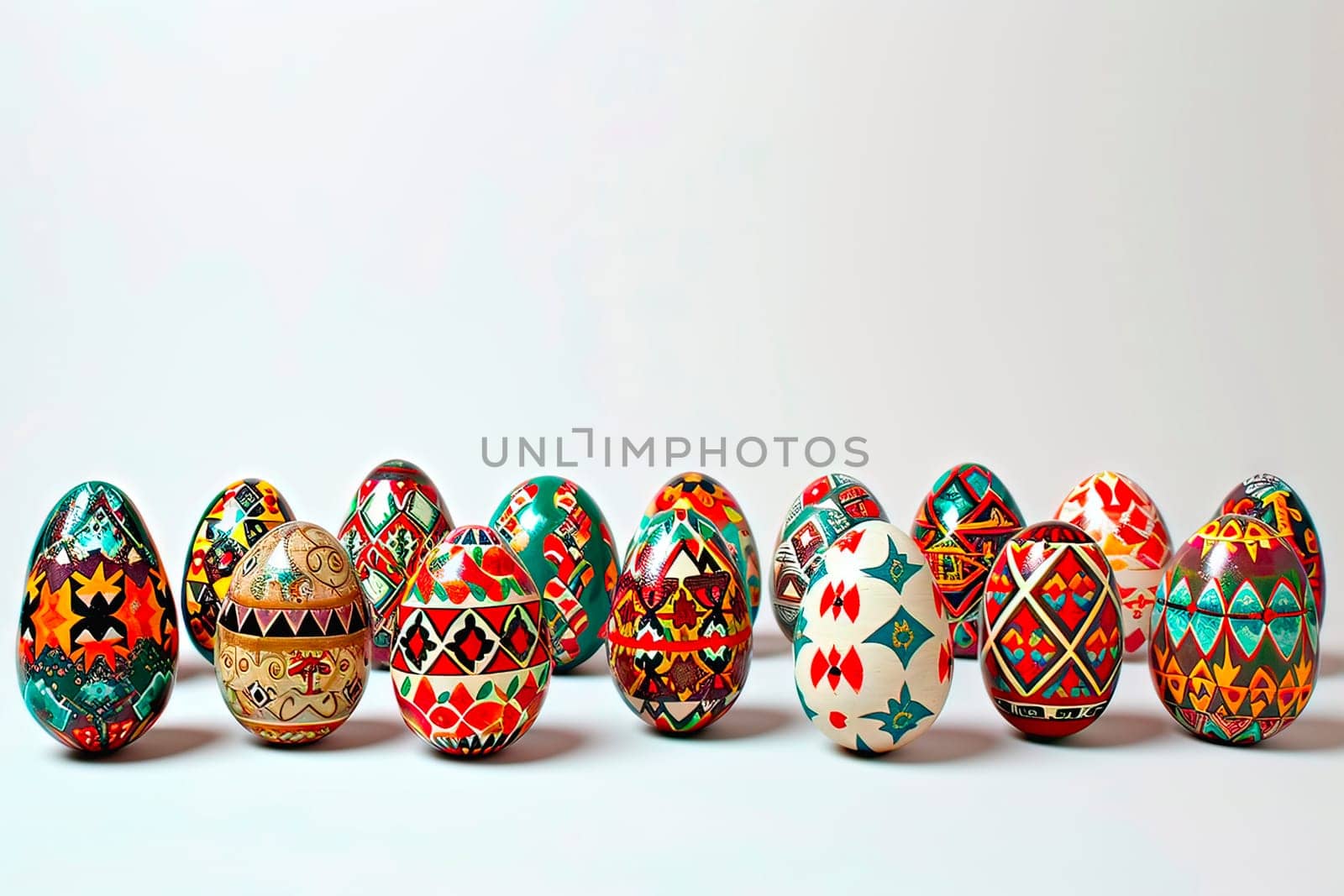 Original and unique designs painted on eggshells. A set of hand-painted Easter eggs. Multiple Easter egg pieces stand side by side on a white background.