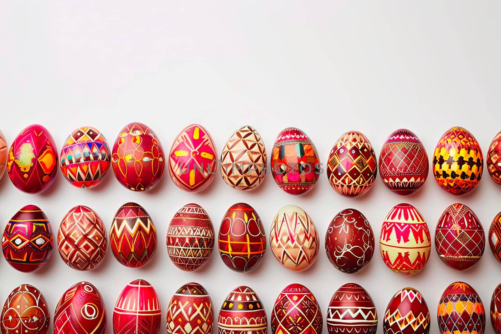 Coloured Easter eggs lie on a white background. The eggs are arranged regularly, evenly spaced. The shells are coloured in shades of brown, pink and beige.