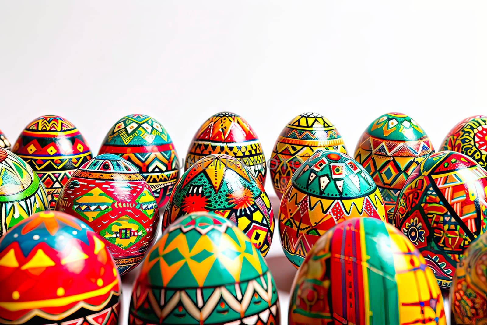Close-up of the tops of the coloured eggs. Many colourful Easter eggs stand close by. An aerial view of the dyed eggs in patterns. .