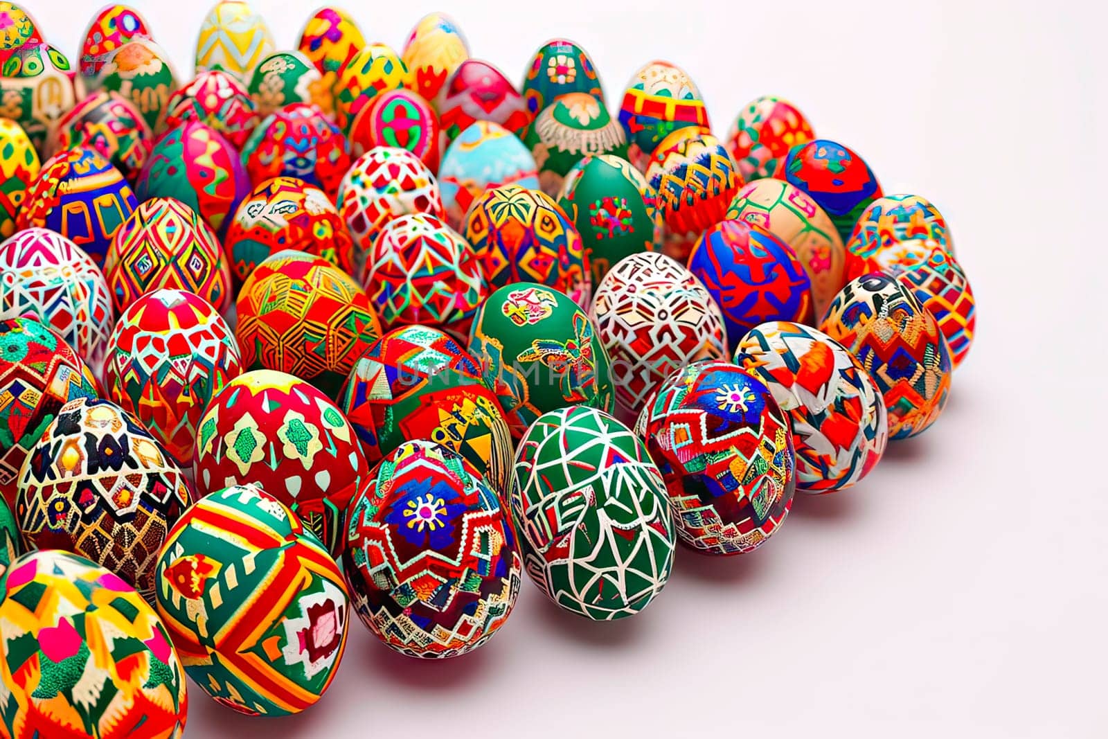 Traditionally painted Easter eggs in patterns. Carefully painted eggshells. Handcrafting Easter decorations. Multiple Easter egg pieces on a white background.