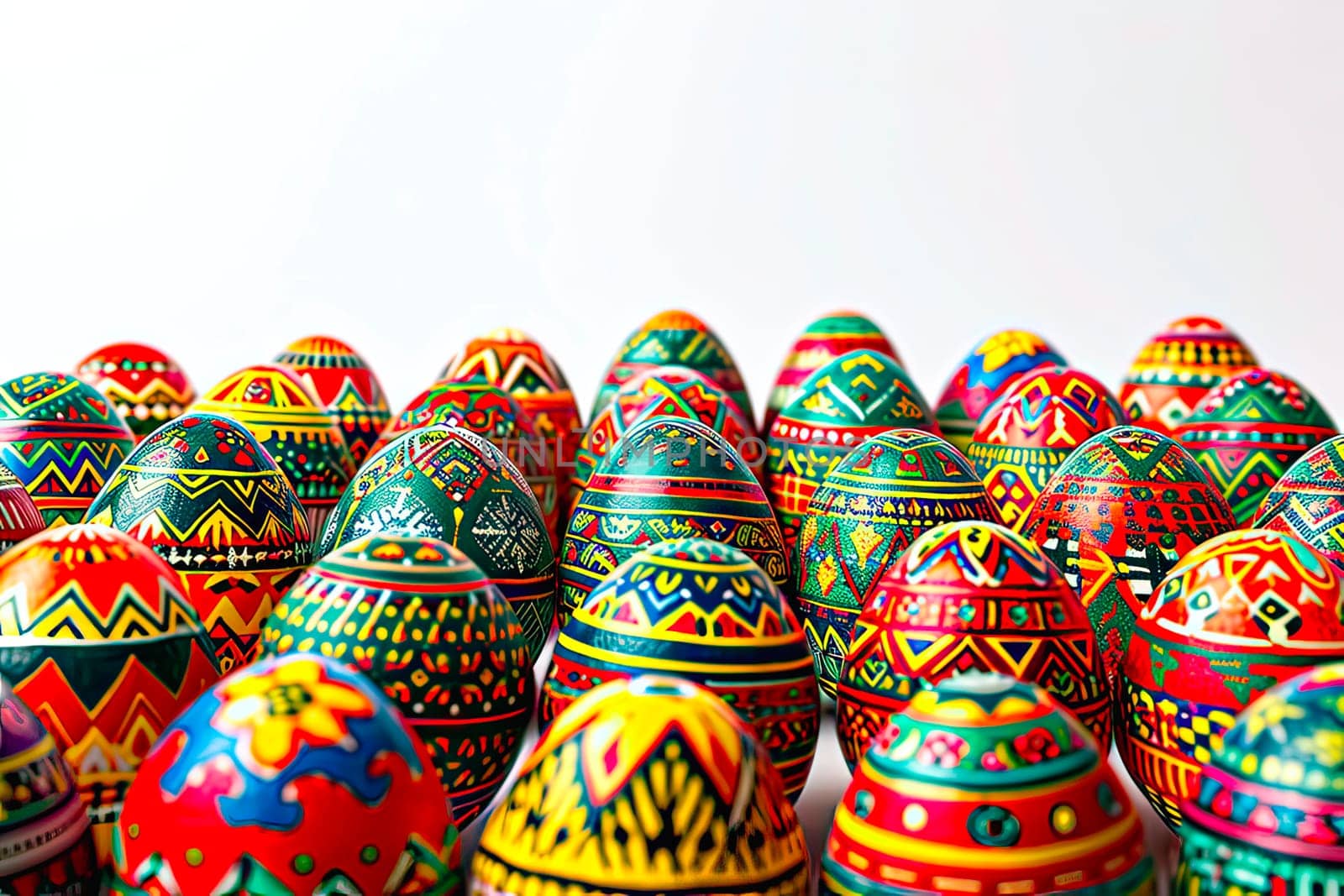 Many colourful Easter eggs stand close by. An aerial view of the dyed eggs in patterns. Close-up of the tops of the coloured eggs.