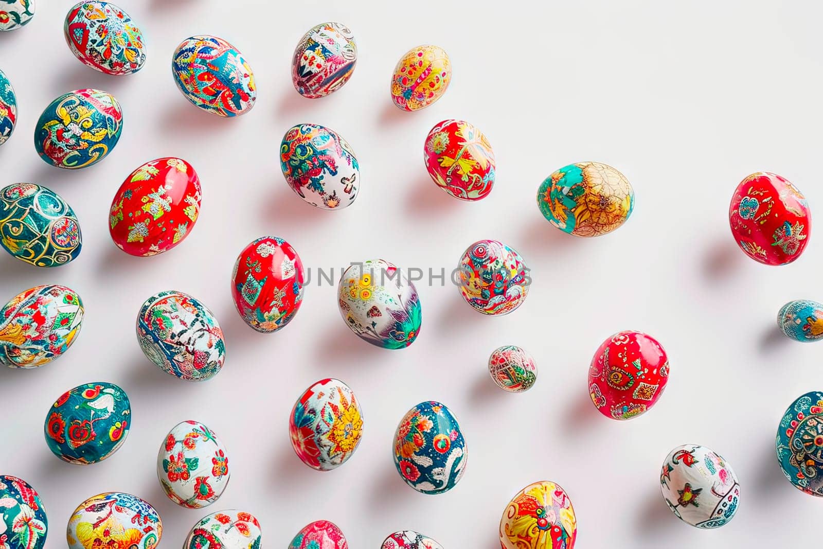 Easter eggs in various colours and sizes seen from above. Eggs with coloured shells lie on a white background. Easter decorations in patterns.