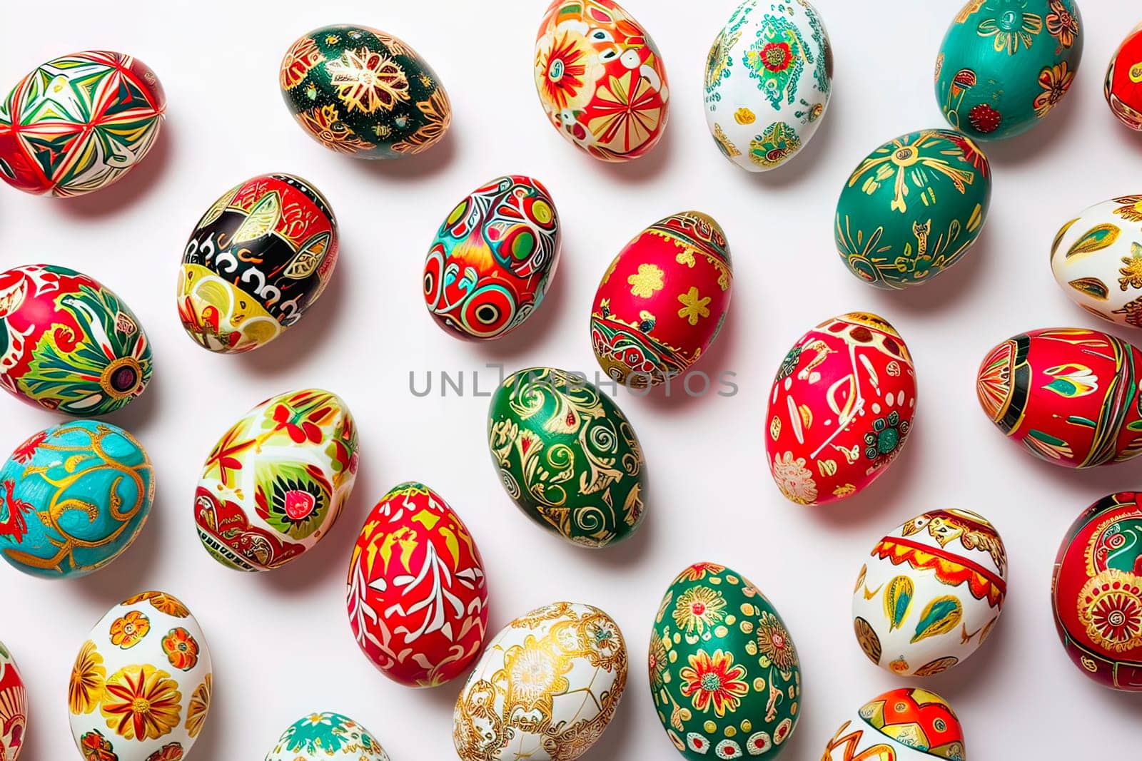 Colourful coloured painted Easter eggs seen from above. Easter decorations on a white background. Multicoloured eggs with dyed shells.