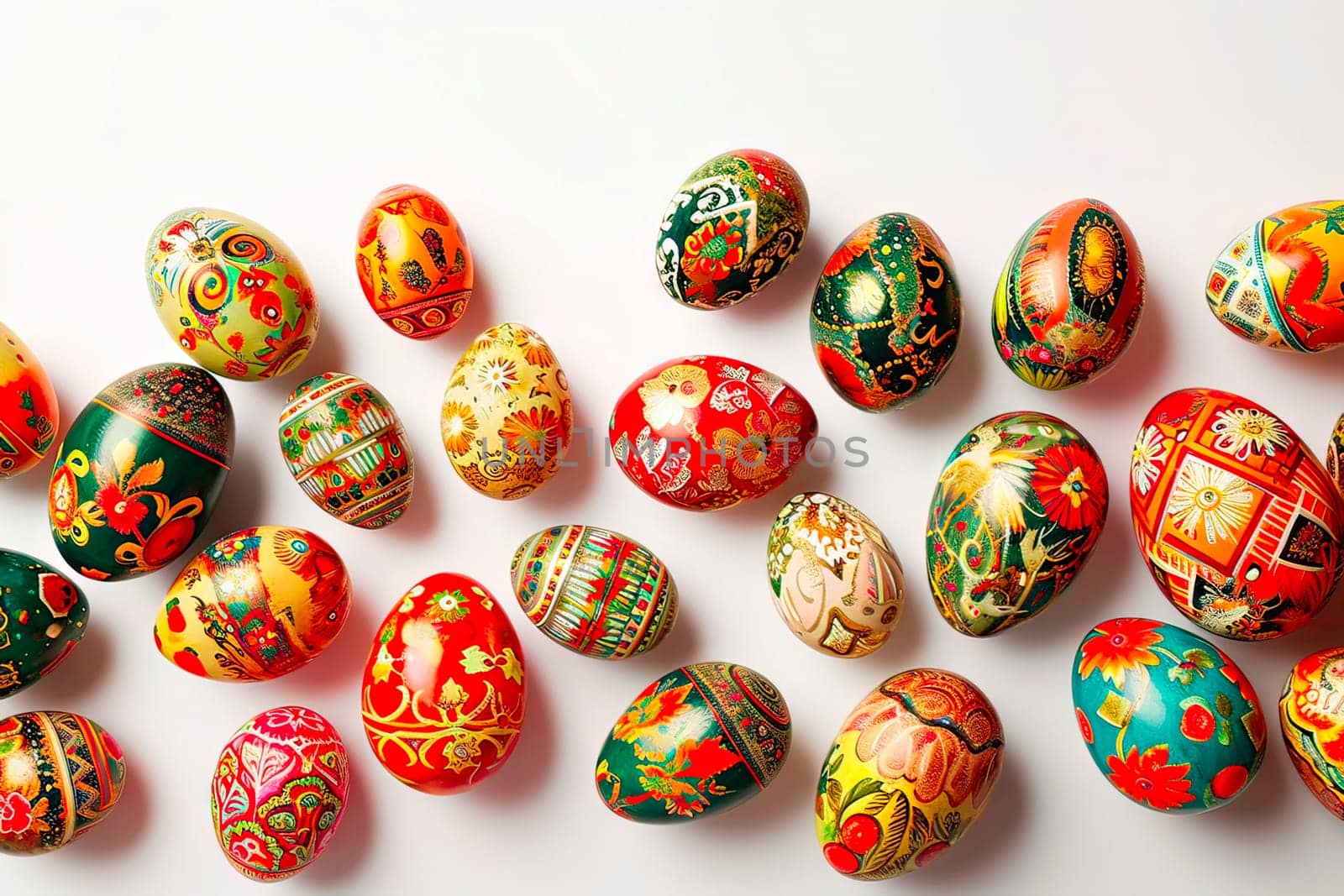 An aerial view of the hand-painted Easter eggs. The eggs have traditional designs on them. The Easter eggs are in shades of red, green and brown.
