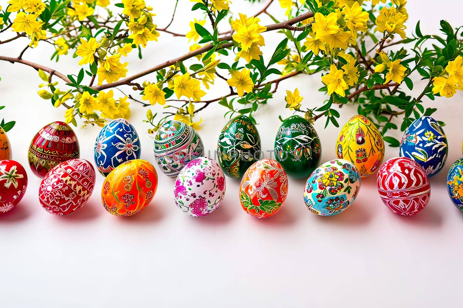 White top decorated with Easter decoration. Hand-painted Easter eggs and sprigs of forsythia lie on a white base.