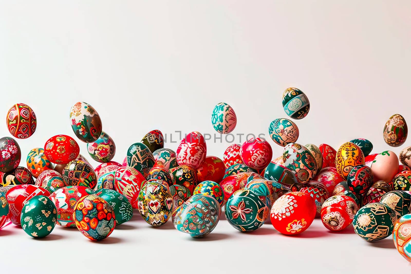 A large number of Easter eggs on a white background. The Easter eggs are painted with different coloured paints. Some of the eggs lie on a white tabletop. A few eggs fall from above.